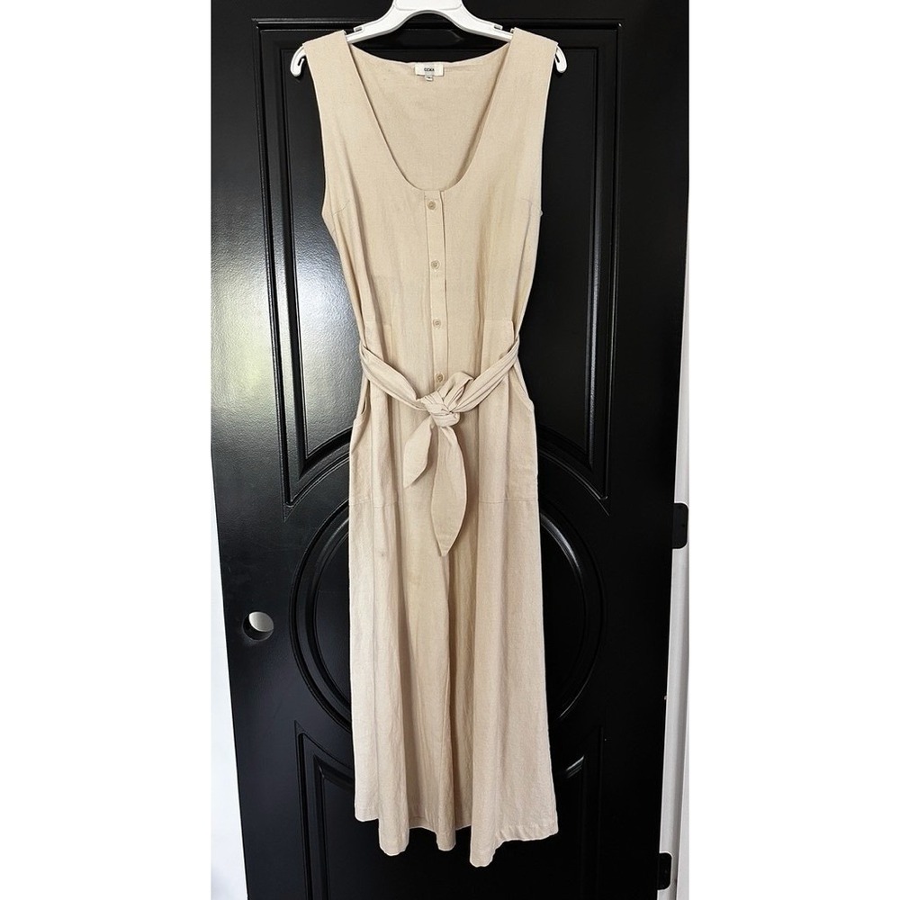 OZMA of California Jumpsuit Womens M Cream Cotton Button Front Belted Wide Leg